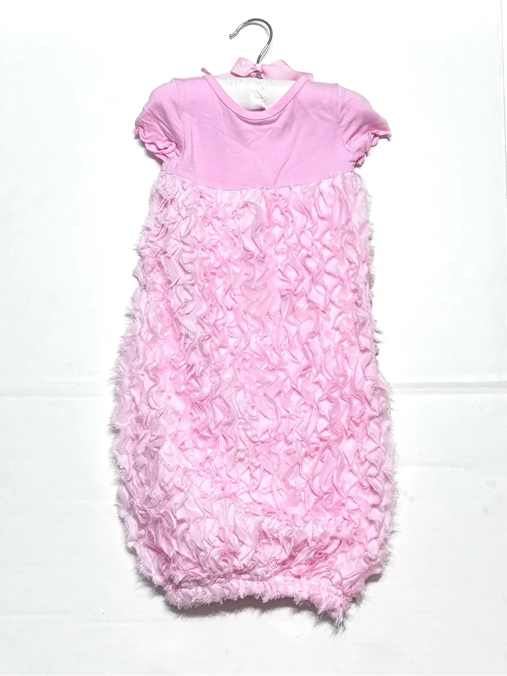 NWOT Mudpie Fancy Pink Ruffle Short Sleeve Sleeper Gown Take Me Home Sack 3-6M